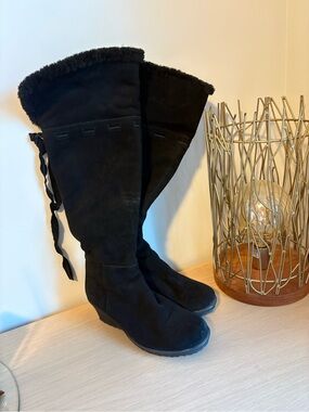 Women's Black Suede Tall Wedge Boots with Genuine Fur Trim Over the Knee